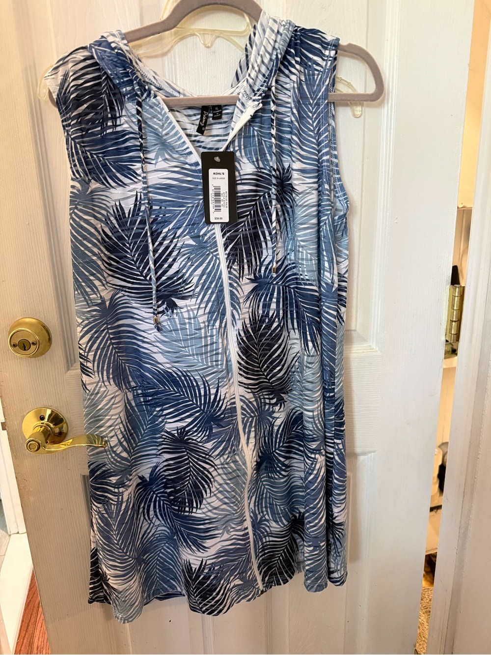 Portocruz Sleeveless Hooded Palm-Print swim coverup-‎ XL NWT